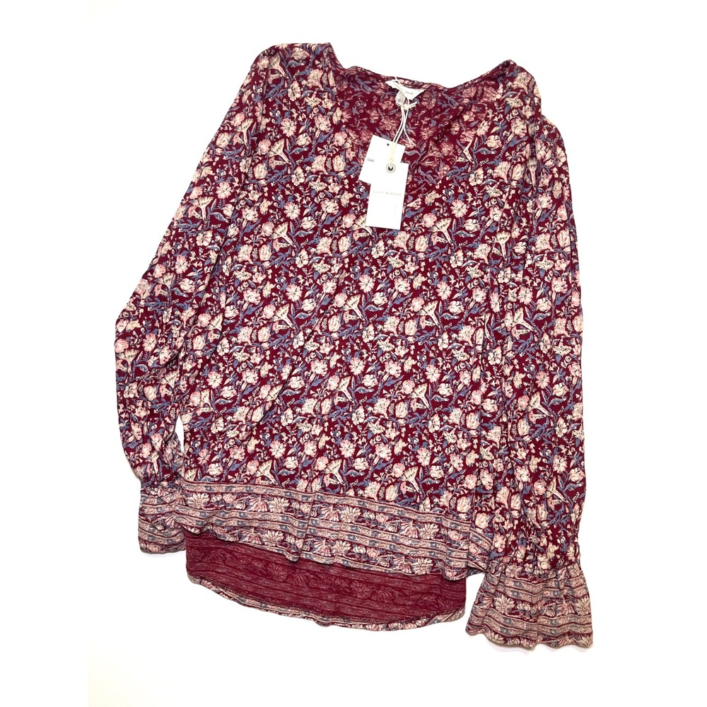 Lucky Brand Women XL Burgundy Floral V-Neck Blouse Smocked Ruffle Sleeve NWT